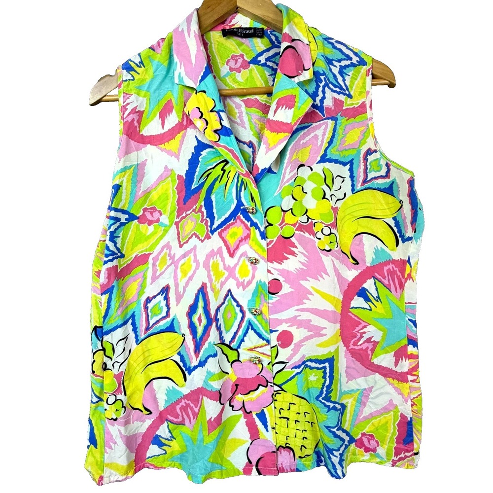 Louis Feraud Blouse Womens 10 100% Silk Abstract Rhinestone Button Cuban Collar